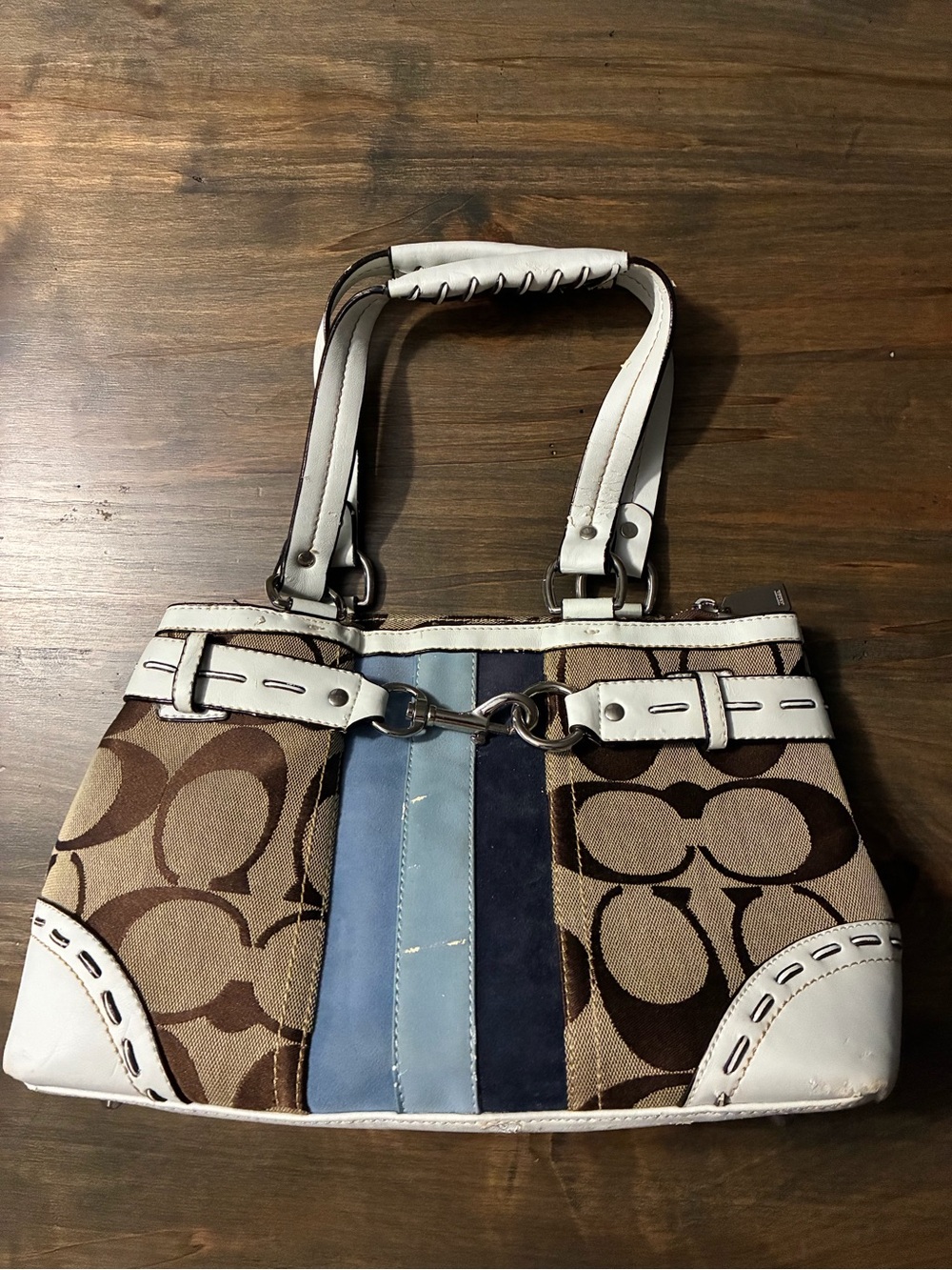 Coach Brown Signature Shoulder Bag with Blue Stripe and White Trim